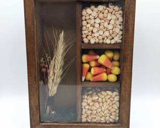 Vintage Farmhouse Shadow Box with Dried Botanicals, Grains, and Candy Corn