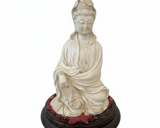 Creamcolored Statue of Guanyin on Wooden Base