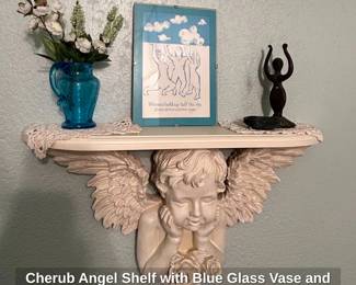 Cherub Angel Shelf with Blue Glass Vase and Figurines