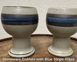 Stoneware Goblets with Blue Stripe Glaze