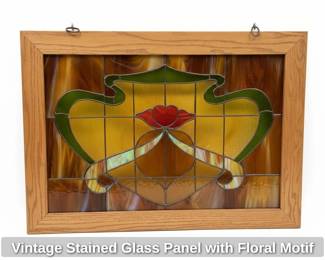 Vintage Stained Glass Panel with Floral Motif