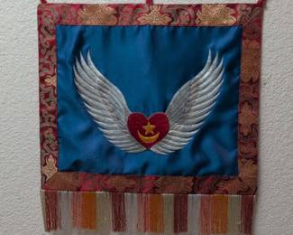 Embroidered Silk Wall Hanging with Winged Sacred Heart