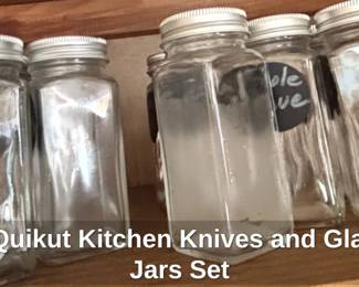 Vintage Quikut Kitchen Knives and Glass Spice Jars Set