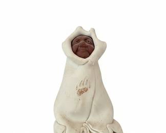 Japanese Ceramic Figure with Carved Wood Screen