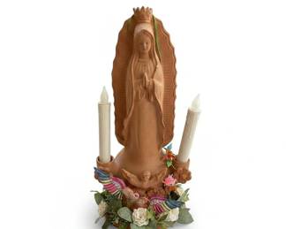 Terracotta Virgin of Guadalupe Statue with Electric Candles