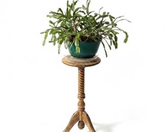 Vintage Spindle Leg Plant Stand with Stained Glass Panel and Christmas Cactus