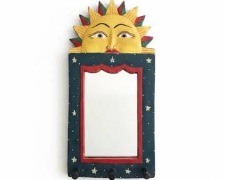 HandCarved Wooden Sun Face Mirror with Hooks