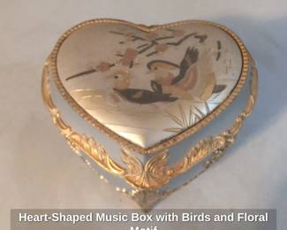 HeartShaped Music Box with Birds and Floral Motif