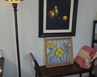 Vintage bench, beautiful art, floor lamp 