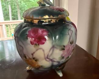 ANTIQUE HAND PAINTED NIPPON FOOTED BISCUIT COOKIE JAR WITH LID CABBAGE ROSE- $30