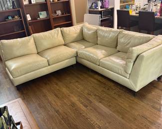 Leather couch - short side 55 inches, long side 100 inches, 35 inches tall, 30 inches deep - does have one cushion with some wear as shown - $350