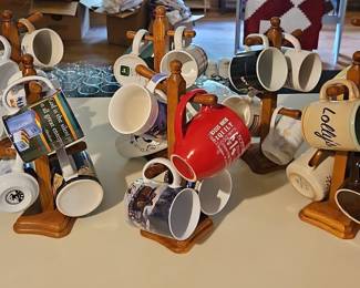 Wooden Mug Tree with Assorted Mugs