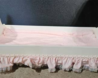 White Wooden Doll Cradle Bed with Gingham Bedding