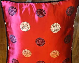 Red Silk Brocade Pillow with Longevity Motifs