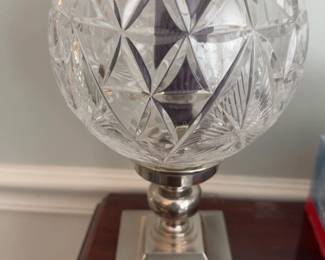 Pair of Cut Crystal Globe Candle Holder with Silver Pedestal Base