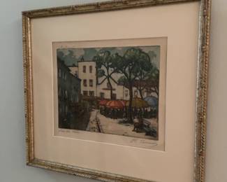 (13”x14”)Signed Hand-Colored Etching – “Place du Tertre,” Montmartre Paris – H. Tourneur – Framed
