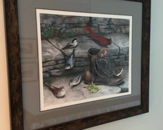 (25”x28”)Framed Wildlife Art Print Featuring Birds and Chipmunk with Old Boot