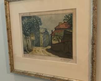 (13”x14”) Signed Hand-Colored Etching – “Rue du Mont-Cenis,” Montmartre, Paris – H. Tourneur – Framed
