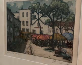 (13”x14”)Signed Hand-Colored Etching – “Place du Tertre,” Montmartre Paris – H. Tourneur – Framed