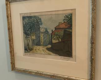 (13”x14”) Signed Hand-Colored Etching – “Rue du Mont-Cenis,” Montmartre, Paris – H. Tourneur – Framed