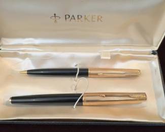 Vintage Parker 61 Fountain Pen & Mechanical Pencil Set Black Gold Filled Caps in Original Box