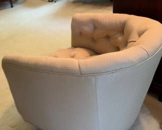 Tufted Barrel Back Armchair in Textured Tan Fabric