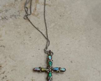 Opal Inlay Cross Pendant Necklace