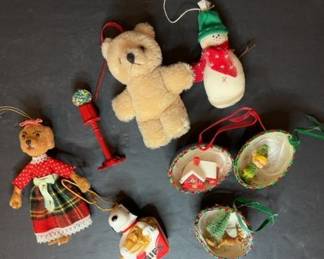 Vintage Christmas Ornaments including Teddy Bears, Snowman, and Diorama Shells