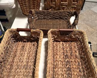 Woven Water Hyacinth and Rattan Baskets with Wooden Handles