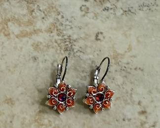 Enamel Flower Leverback Earrings with Garnet and Orange Enamel