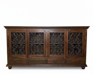 Large Wood and Iron Grille Door Buffet Cabinet