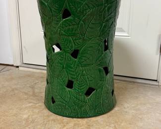 Green Ceramic Garden Stool with Embossed Leaf Motif