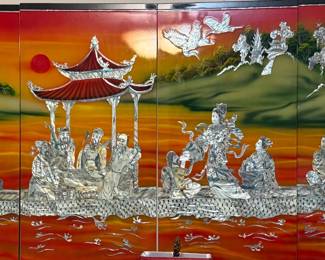 Chinese Lacquered Dragon Boat Byobu Coromandel Style Panel