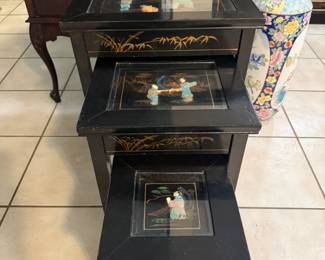 Set of Three Chinese Black Lacquer w/hardstone inlay mid to late 20th Century