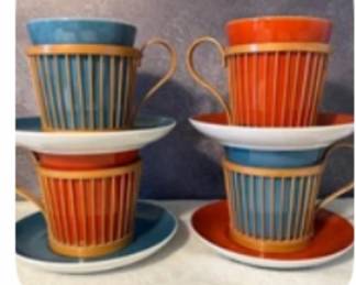 K. Fujita designed Porcelain & Bamboo Cups & Saucers