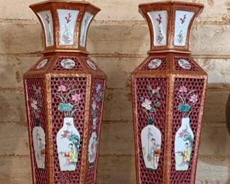 20th Century Reticulated Famille Rose Style Vases