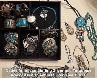 Native American Sterling Silver and Turquoise Jewelry Assortment with Bolo Ties and Belt Buckles