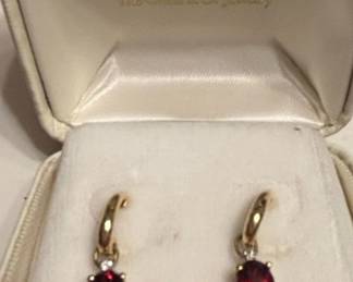 Jared K Gold Garnet  Diamond Hoop Earrings