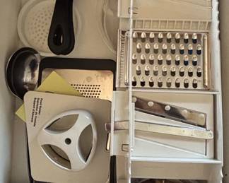 Assorted Kitchen Utensils including Pampered Chef Mandoline Slicer, Steak Knives, and Cheese Slicer second image