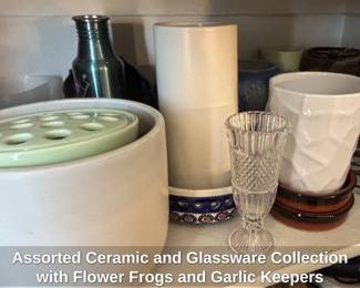 Assorted Ceramic and Glassware Collection with Flower Frogs and Garlic Keepers