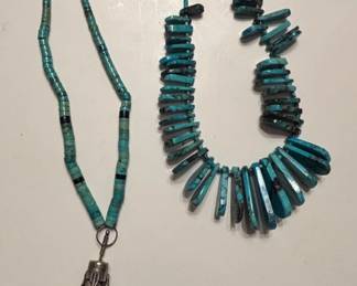 Native American Turquoise and Sterling Silver Necklace Set with Leaf Pendant and FanShaped Beads