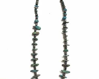 Native American Turquoise Nugget and Sterling Silver Beaded Necklace with Carved Pendant