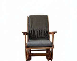 Vintage Wooden Glider Rocker with Dark Upholstery and Side Table