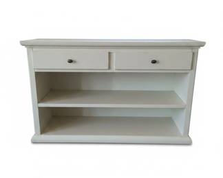Cream Distressed TwoDrawer Console Table with Shelf and Baskets