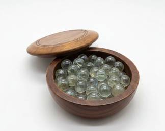 Wooden Solitaire Board Game with Clear Glass Marbles