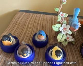 Ceramic Bluebird and Friends Figurines with Blossoms