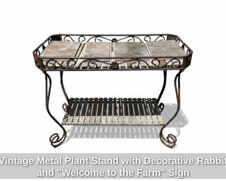 Vintage Metal Plant Stand with Decorative Rabbit and Welcome to the Farm Sign second image