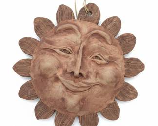 HandPainted Ceramic Sun Face Wall Plaque with Wooden Backing