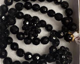 Vintage French Jet Black Faceted Glass Bead Necklace with Cluster Accents
