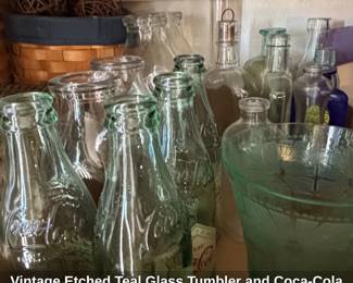 Vintage Etched Teal Glass Tumbler and CocaCola Bottles